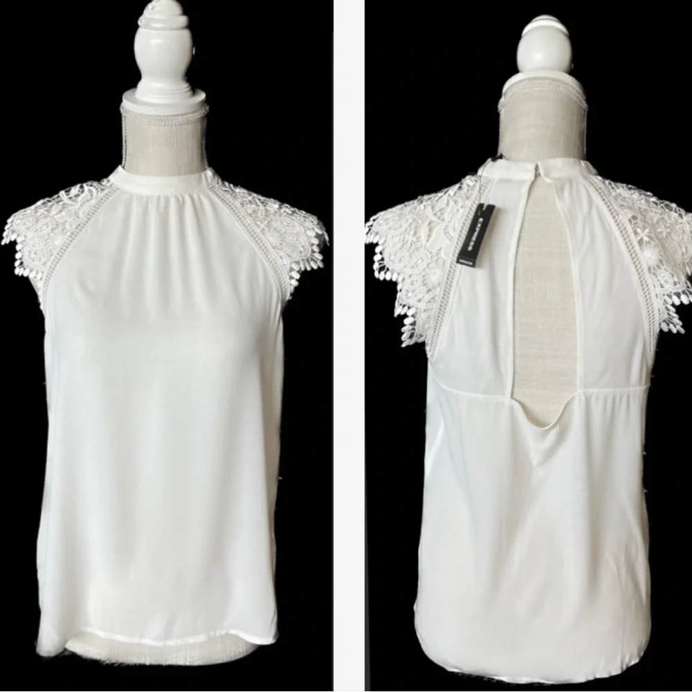 EXPRESS | S | Ivory Cap Flutter Sleeve Mock Neck Chiffon Open Back Blouse NWT